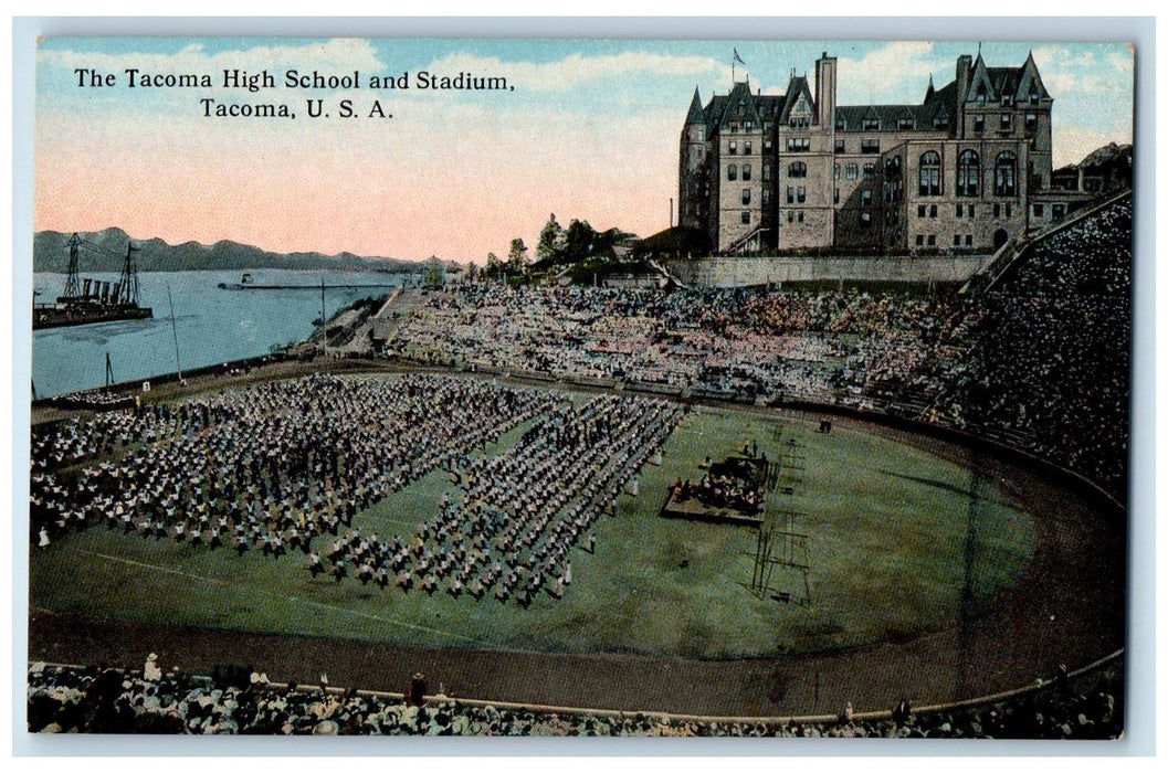 1917 Tacoma High School And Stadium School Scene Tacoma Washington WA Postcard