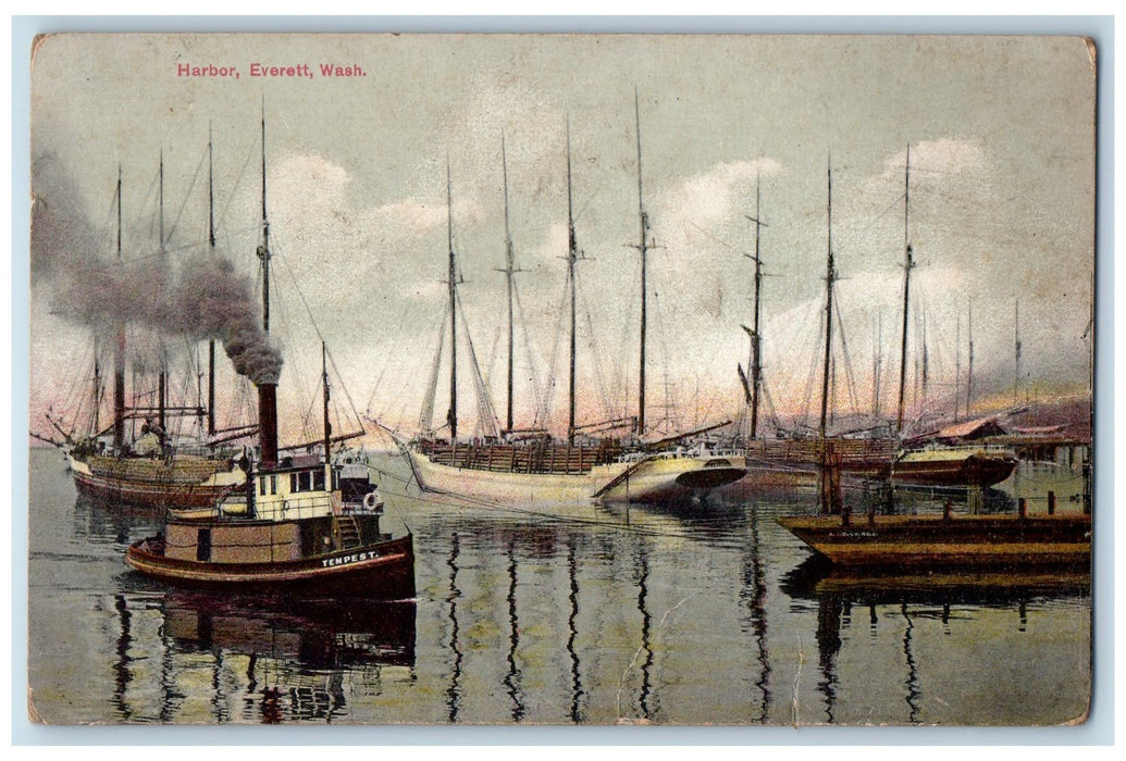 1910 Harbor Lumber Ships Boat Smokestacks Dock Everett Washington WA Postcard