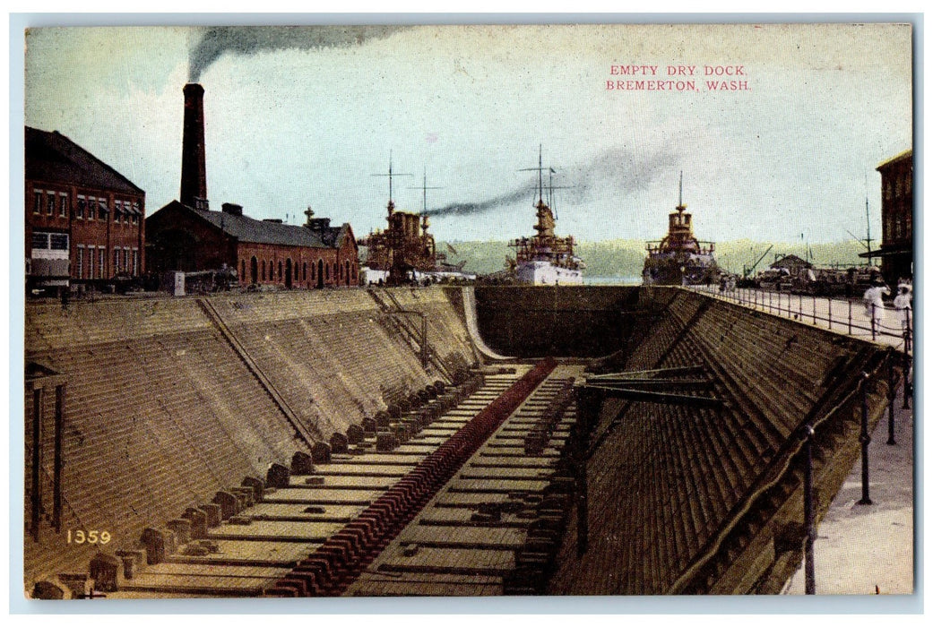 c1950 Empty Dry Dock Ships Smokestacks Building Bremerton Washington WA Postcard