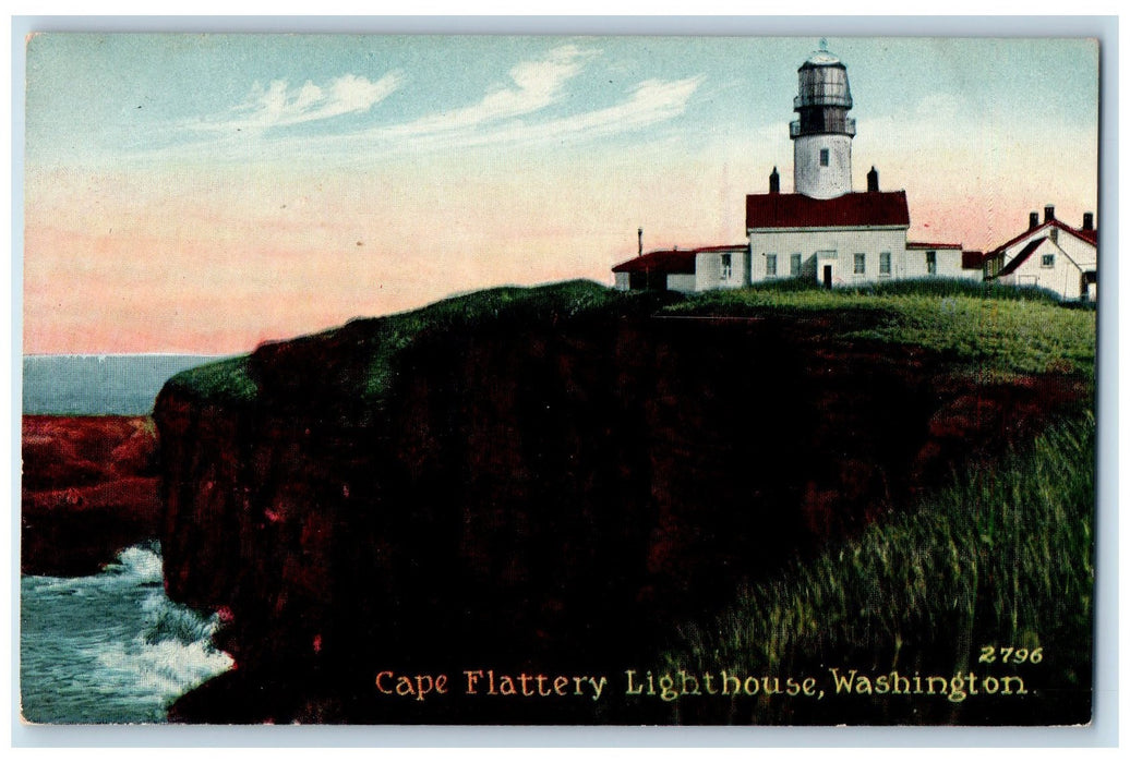 c1950's Cape Flattery Lighthouse Ocean Cliff Hills Houses Washington WA Postcard