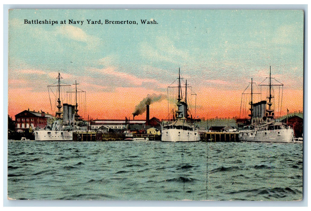 1911 Battleships At Navy Yard Smokestacks Building View Bremerton WA Postcard