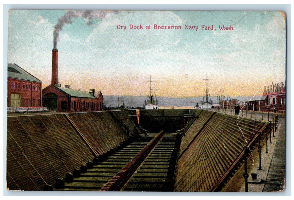 c1950's Dry Dock At Bremerton Navy Yard Smokestacks Ship Washington WA Postcard