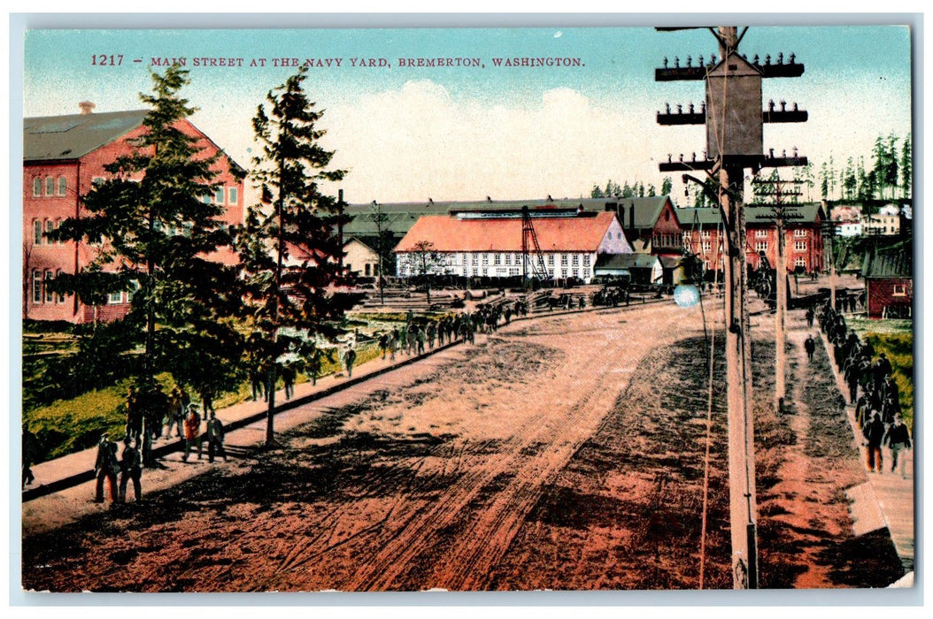 c1950's Main Street At The Navy Yard Dirt Road Bremerton Washington WA Postcard