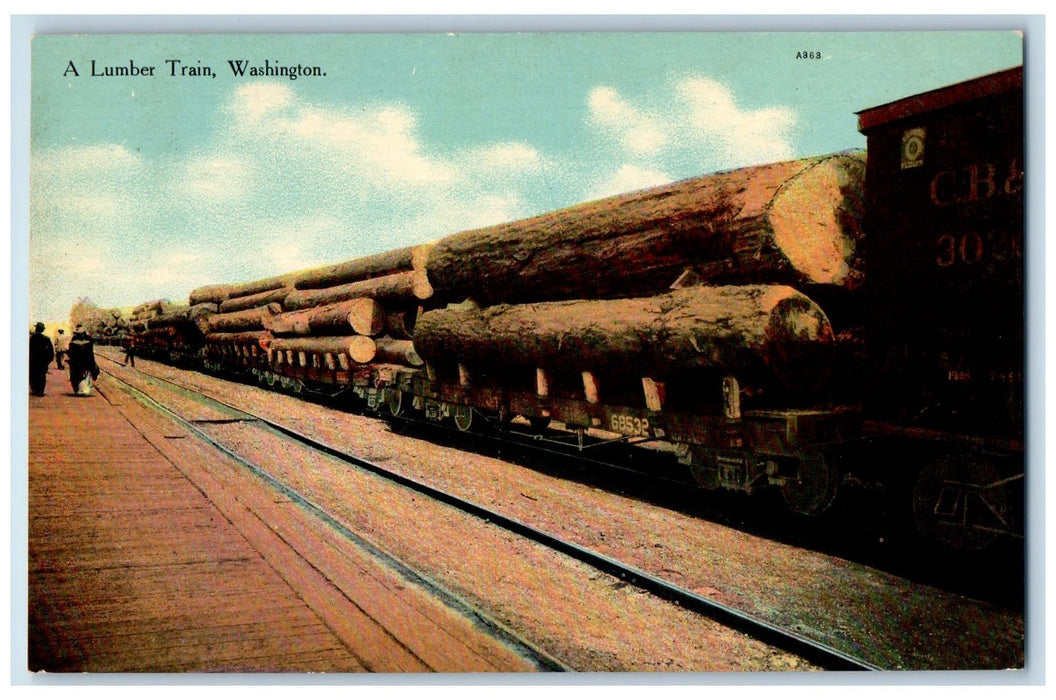 c1910 Lumber Train Railroad Station Wood Tree Transport Washington WA Postcard