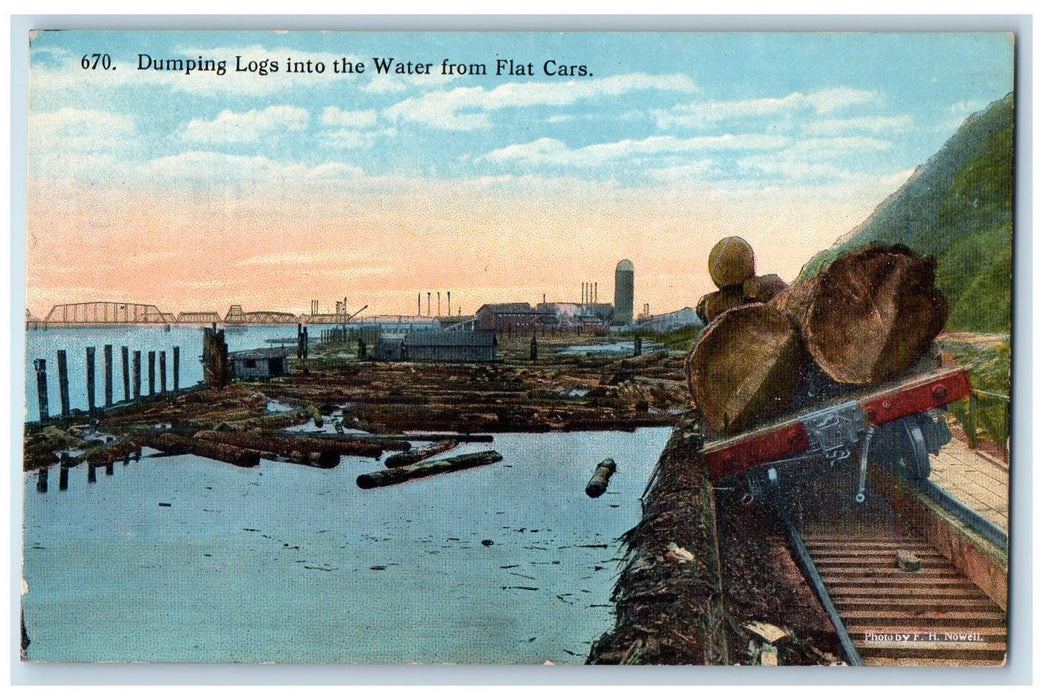 c1950's Dumping Logs Into The River From Flat Cars Bridge Washington WA Postcard