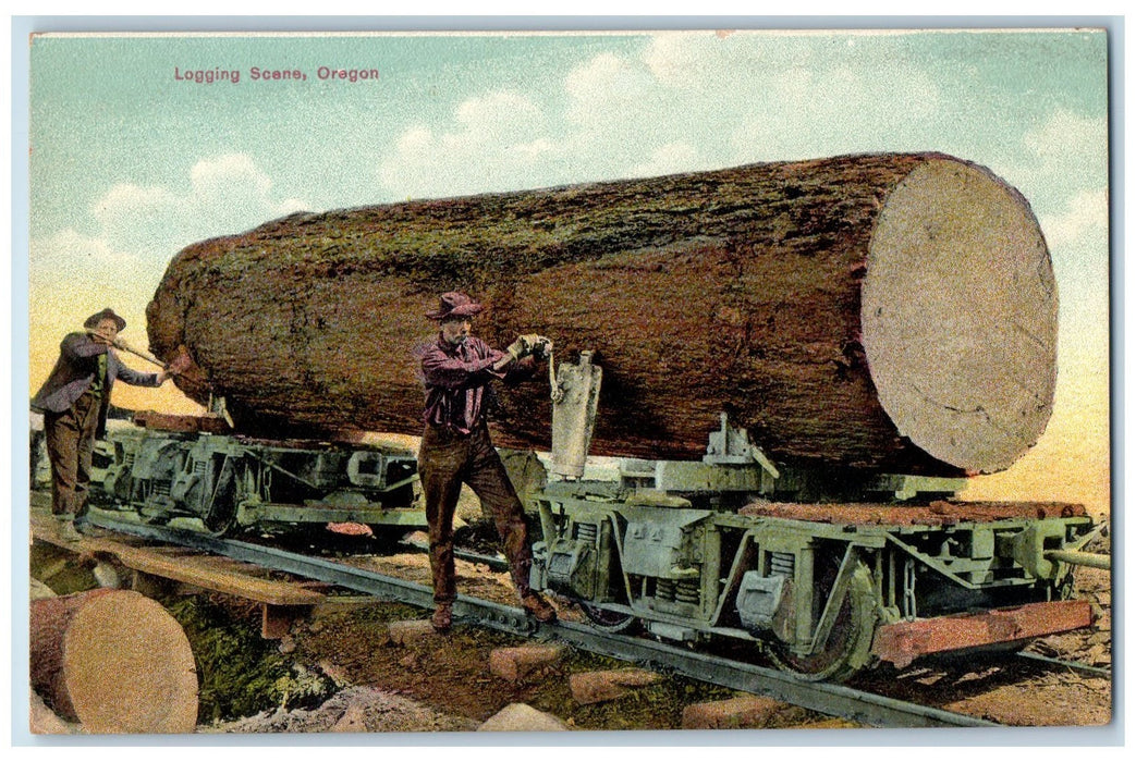 c1950 Logging Scene Cutting Logs Lumber Train Railway Workers Oregon OR Postcard