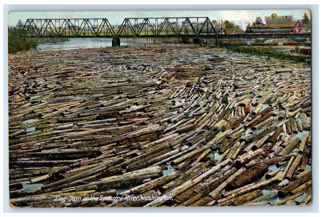 1910 Log Jam On The Spokane River Truss Bridge Railroad Washington WA Postcard