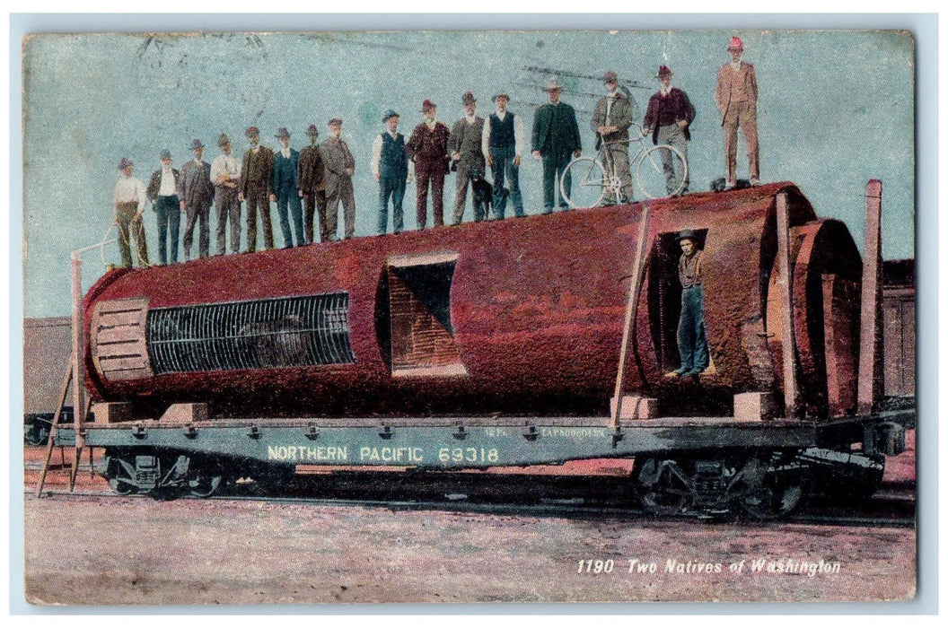 1909 Two Natives In Washington Lumber Train Railway Log Form Cabin WA Postcard
