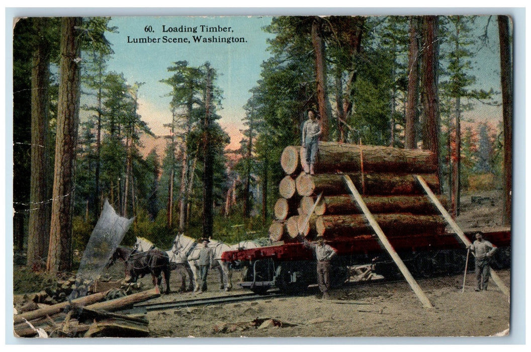 c1950 Loading Timber Lumber Scene Railroad Horses Workers Washington WA Postcard