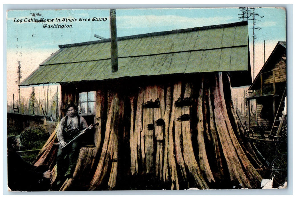 1911 Log Cabin Home In Single Tree Stump Logger Men Tree Washington WA Postcard