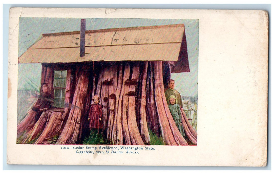 1904 Cedar Stump Residence Log House Cabin Tourists Washington State WA Postcard