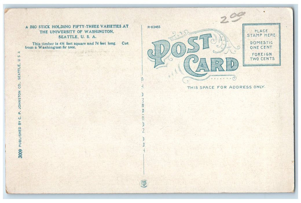 c1910 Big Stick Holding 53 Variety University Of Washington Seattle WA Postcard