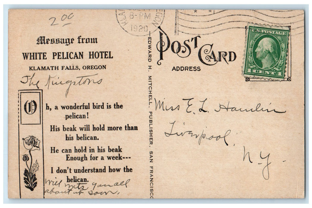 1920 White Pelican Hotel Exterior Scene Kiamath Falls Oregon OR Posted Postcard