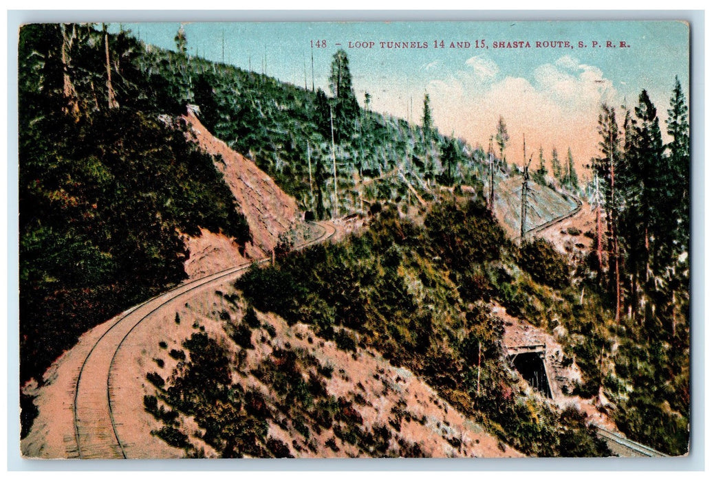 1911 Loop Tunnels 14 & 15 Shasta Route SP Railroad Hills Groves Posted Postcard