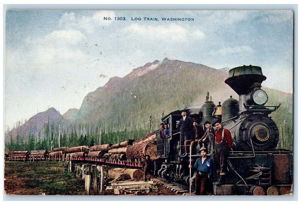 c1910 Log Train Logging Cargo Lumber Timber Loggers Railroad Washington Postcard