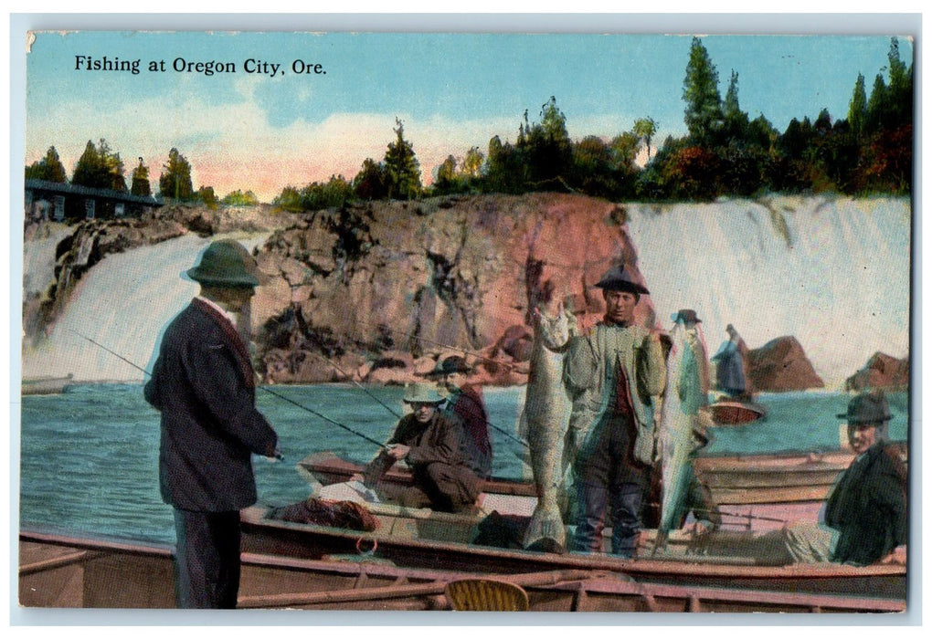 c1920s Fishing At Oregon City Boats Fishermen Scene Oregon OR Unposted Postcard