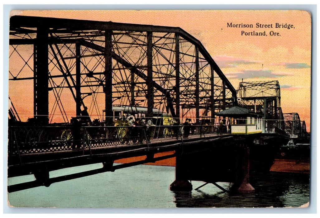 1914 Morrison Street Bridge Trolley Scene Portland Oregon OR Posted Postcard