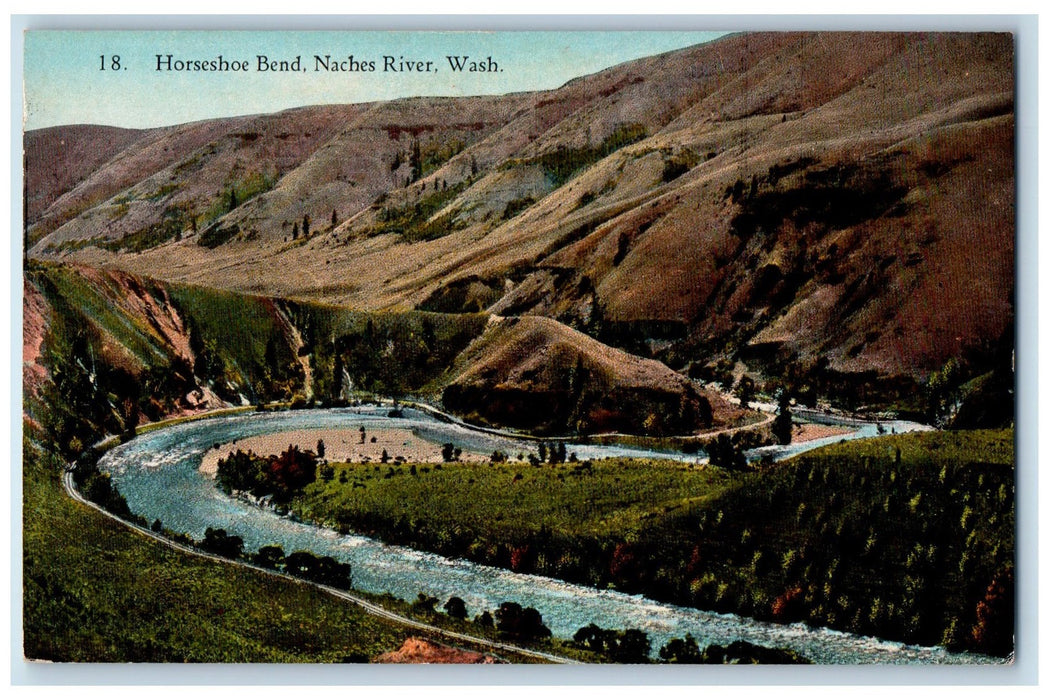 c1950's Horseshoe Bend Scenic View Mountain Naches River Washington WA Postcard