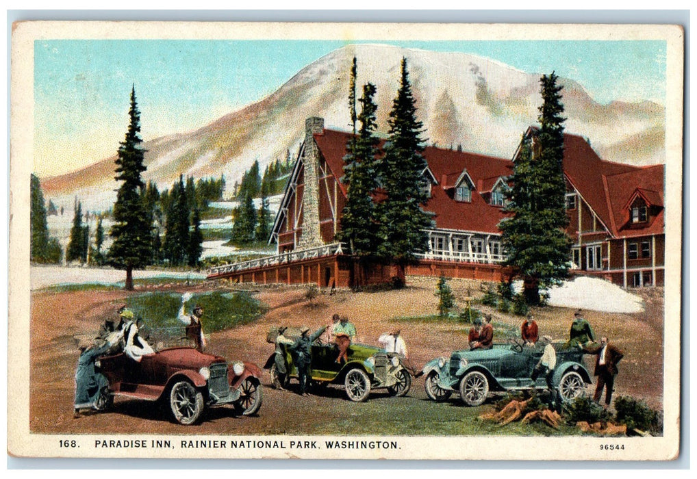 c1920's Paradise Inn Restaurant Classic Cars Rainier National Park WA Postcard