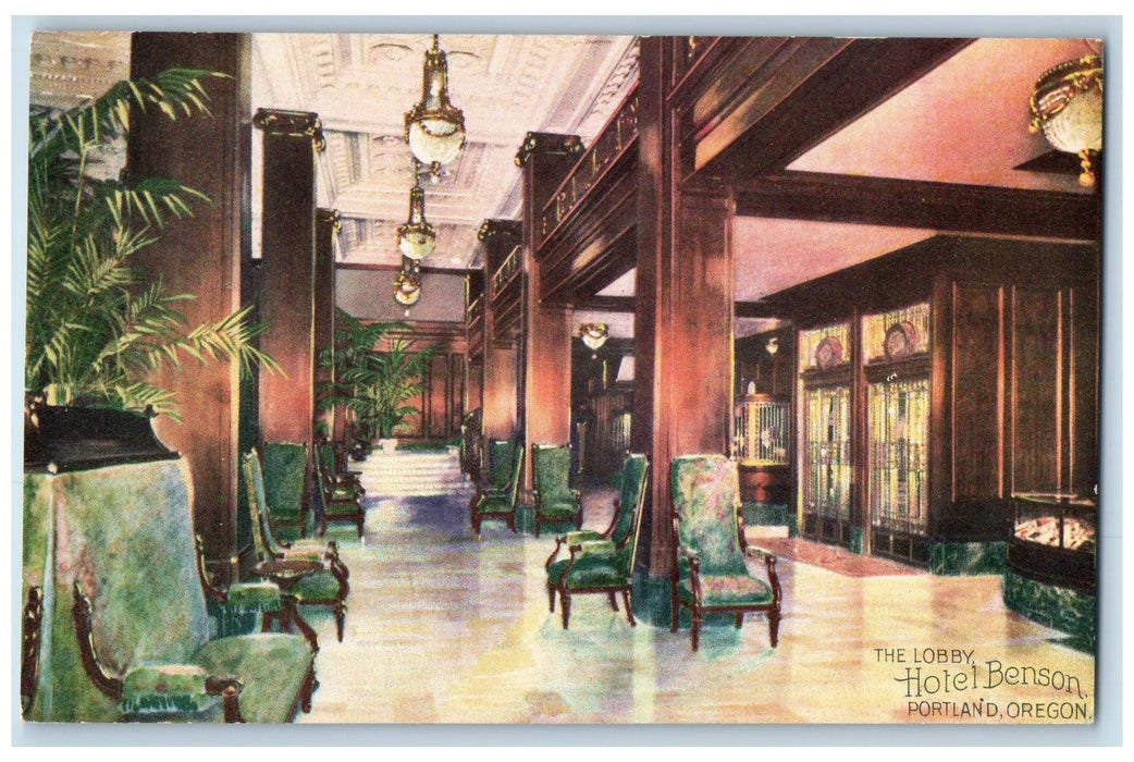 c1910s The Lobby Interior Hotel Benson Portland Oregon OR Chandelier Postcard
