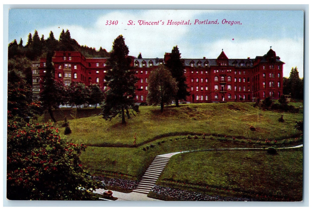 c1910s St. Vincent's Hospital Exterior View Roadside Portland Oregon OR Postcard