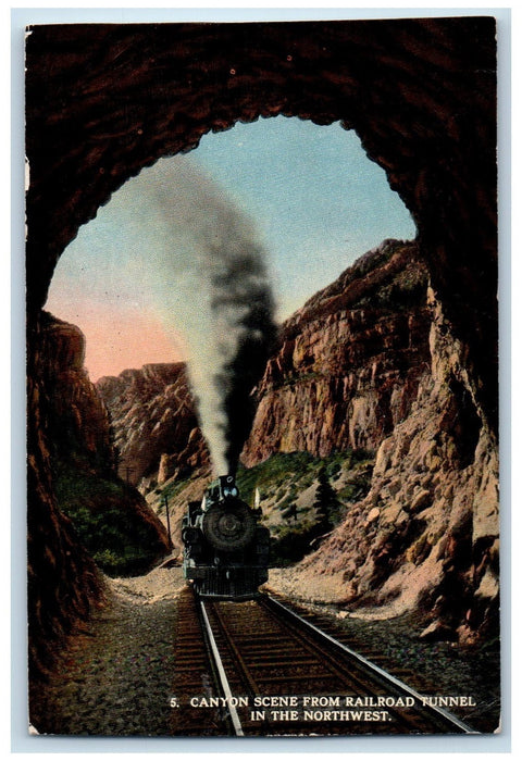 c1950's Canyon Scene Railroad Enter Tunnel Train Smokestacks Northwest Postcard