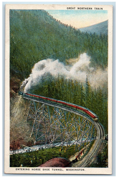 c1920's Great Northern Train Smokestacks Railroad Truss Bridge Groves Postcard