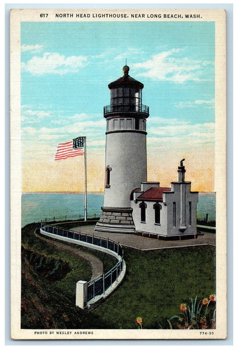 c1920's North Head Lighthouse Dirt Road Flag Long Beach Washington WA Postcard