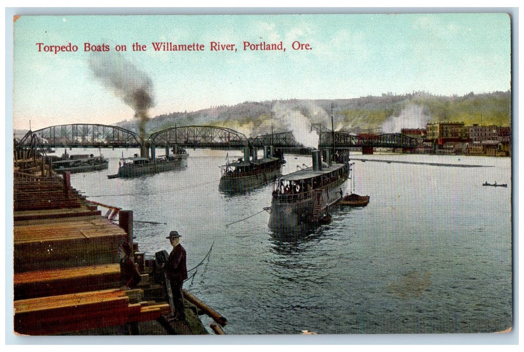 c1910s Torpedo Boats Scene On The Willamette River Portland Oregon OR Postcard