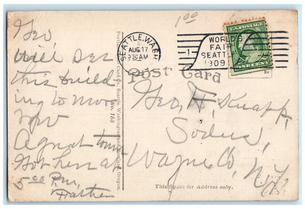1909 New York State Building Alaska Yukon Expo. Seattle Washington WA Postcard