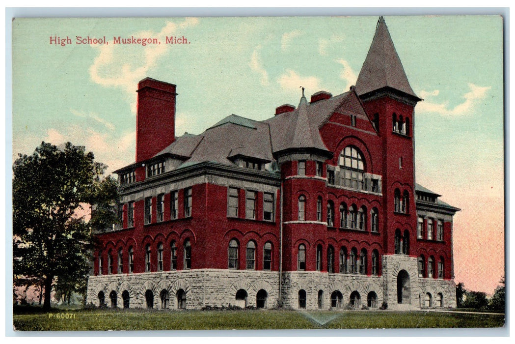 c1910s High School Exterior Roadside Muskegon Michigan MI Unposted Tree Postcard