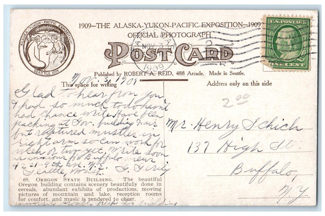1909 Oregon Building Alaska Yukon Exposition View Seattle Washington WA Postcard