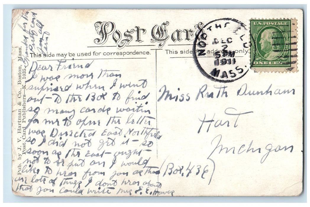 1911 Dickinson Library Exterior Northfiled Massachusetts MA Posted Tree Postcard