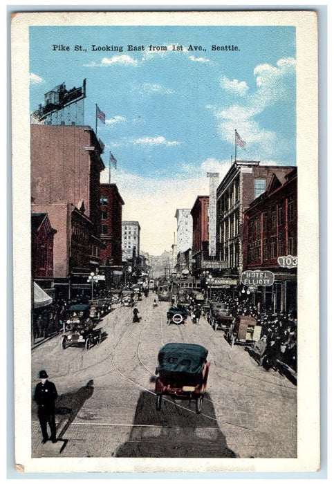 c1920 Pikes Street From 1st Avenue Downtown Crowd Seattle Washington WA Postcard