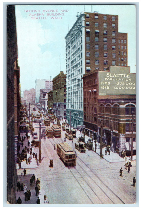 c1950's Second Avenue And Alaska Building Trolley Seattle Washington WA Postcard