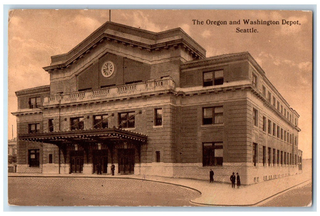 1913 Oregon & Washington Depot Entrance Clock Seattle Washington WA Postcard