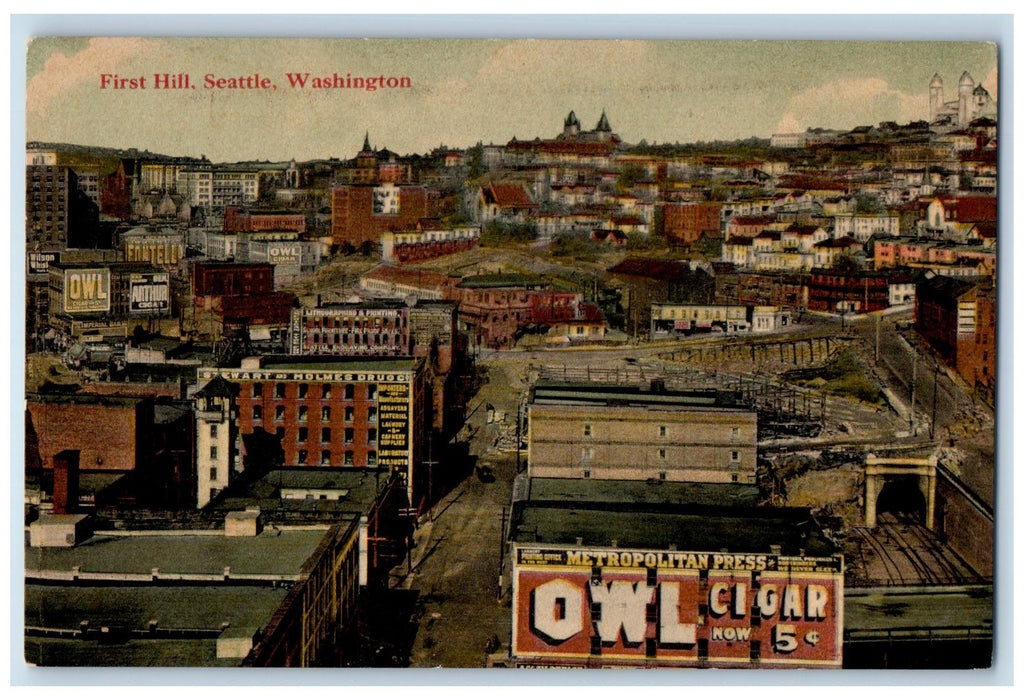 c1950 First Hill Aerial View Establishments Road Seattle Washington WA Postcard