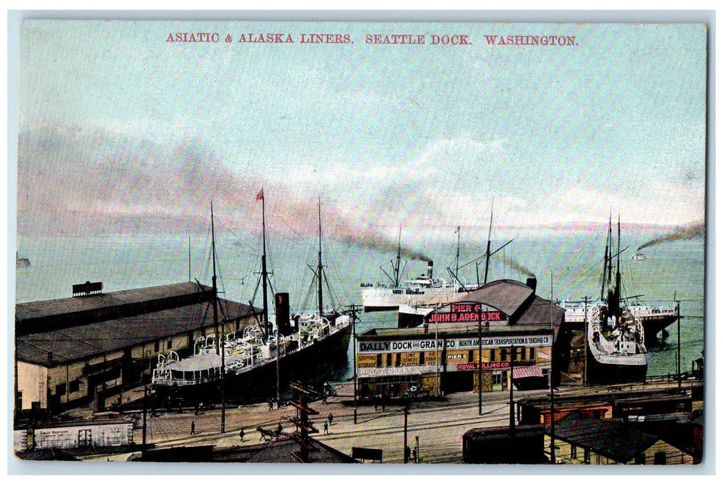 c1950 Asiatic & Alaska Liners Seattle Dock Ships Harbor Washington WA Postcard