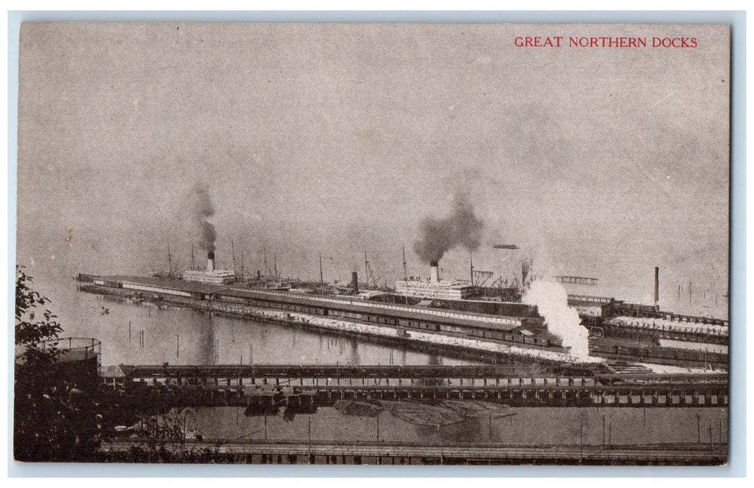 c1950 Great Northern Docks Steamships Smokestacks Seattle Washington WA Postcard