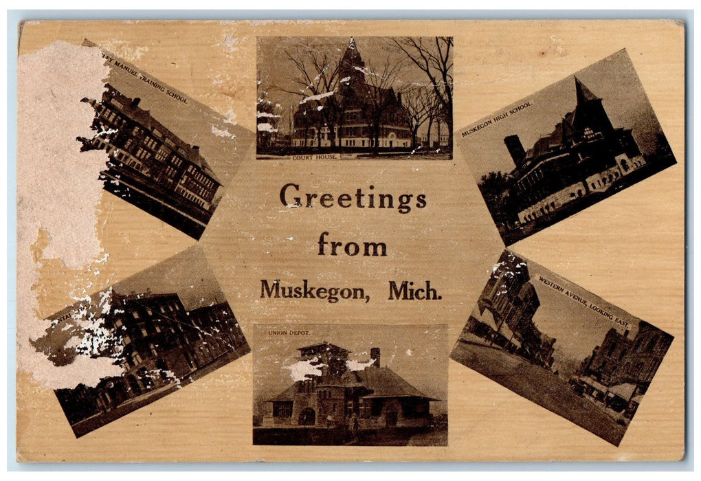 c1940s Greetings From Muskego Landmarks Scene Michigan MI Unposted Postcard