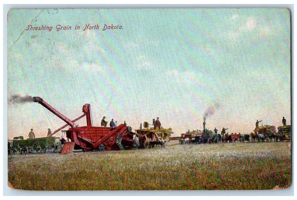 1913 Threshing Grain Machine Scene In North Dakota ND Posted Vintage Postcard