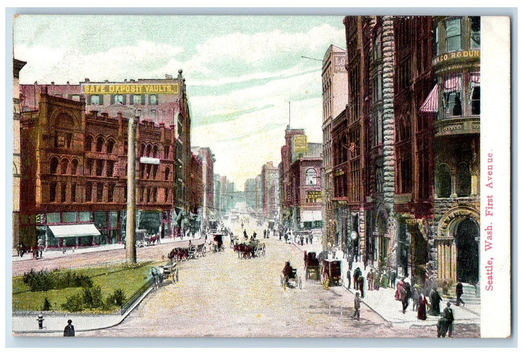 c1920's First Avenue Building Dirt Road Carriages Seattle Washington WA Postcard