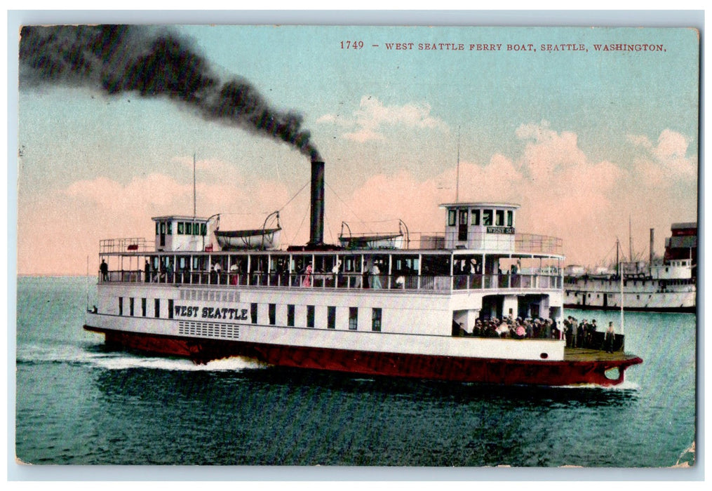 1911 West Seattle Ferry Boat Passenger Smokestack Seattle Washington WA Postcard