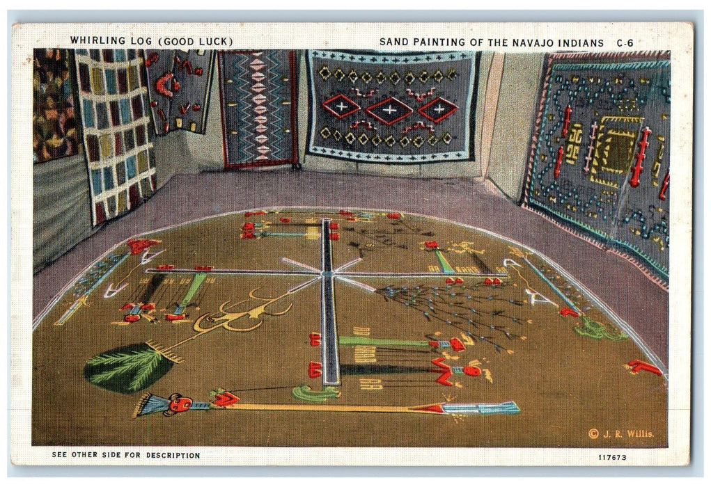 c1940s Whirling Log Sand Painting Of The Navajo Indians Scene Unposted Postcard