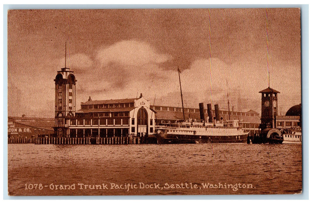 c1950's Grand Trunk Pacific Dock Ship Clock Tower Seattle Washington WA Postcard