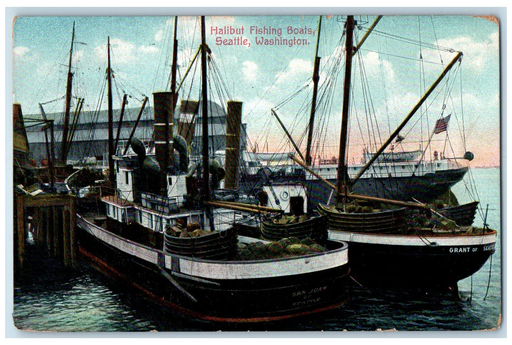 1910 Halibut Fishing Boats Docks Flag Ferry Stack Seattle Washington WA Postcard