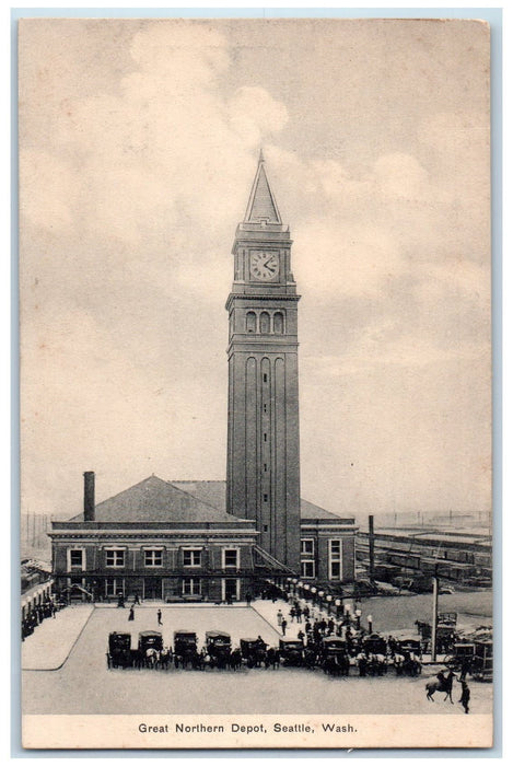 c1920's Great Northern Depot Building Clock Tower Seattle Washington WA Postcard