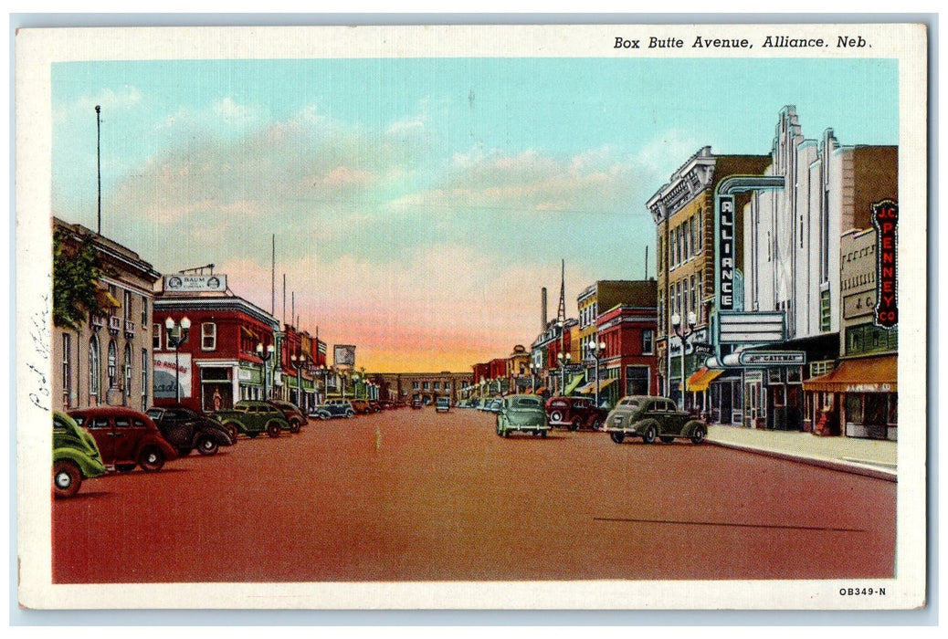1948 Box Battle Avenue Shops Cars Scene Alliance Nebraska NE Posted Postcard