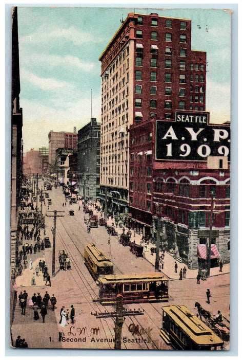 1910 Second Avenue Downtown Crowds Trolley Cross Seattle Washington WA Postcard