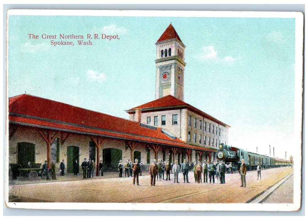 c1920's Great Northern Railroad Depot Clock Tower Spokane Washington WA Postcard